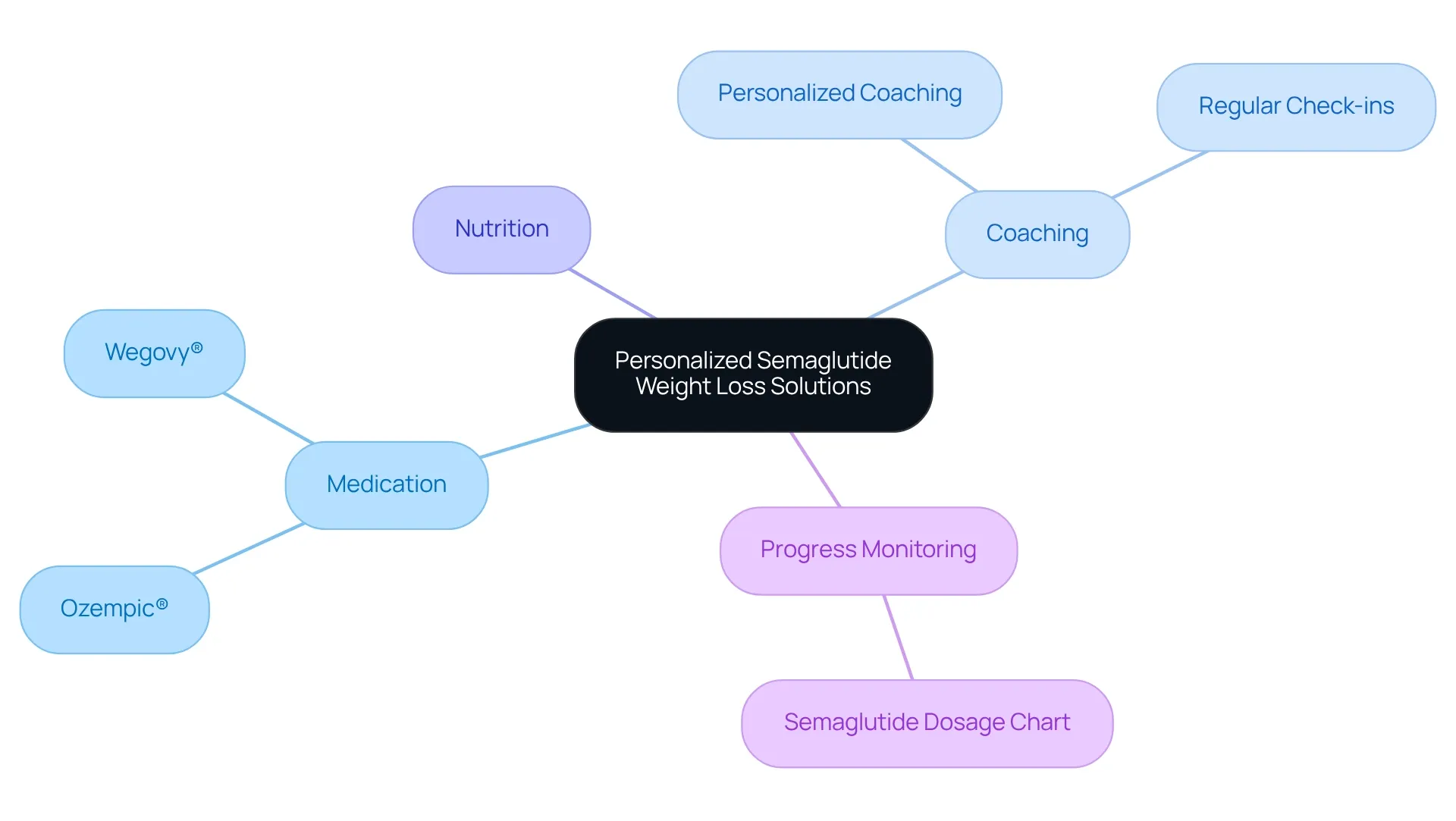 The center represents the main focus of personalized weight loss solutions, and the branches showcase the different strategies used to support your journey. Each color-coded branch helps to distinguish between the various approaches, making it easy to see how they work together.