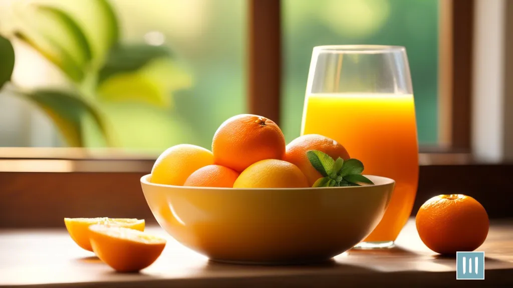 Vibrant fruit bowl and fresh orange juice on a wooden breakfast table, bathed in soft morning sunlight - ideal healthy breakfast ideas for balanced meal planning