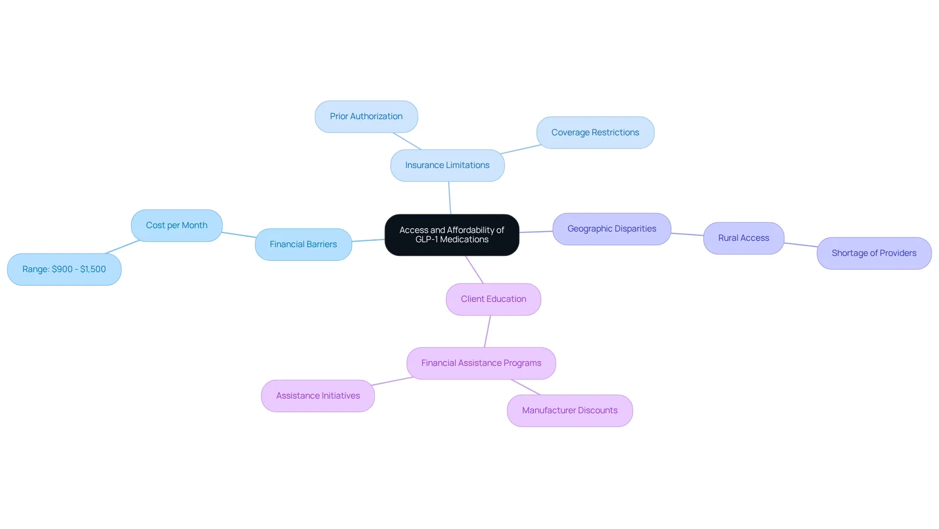 The central node represents the overall theme, while each branch explores different challenges. Sub-nodes give more detail on each challenge, helping to visualize the complexity of access and affordability issues.