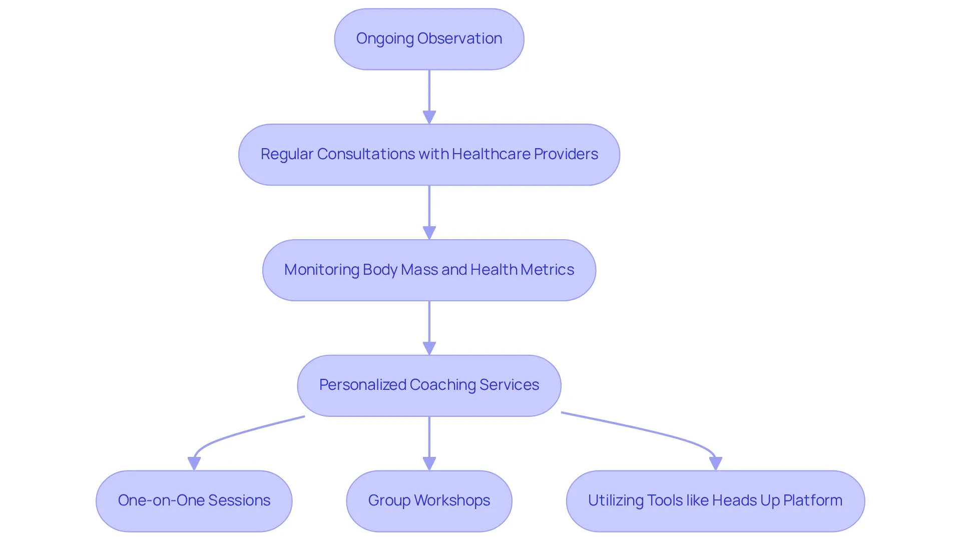 Follow the arrows to see how each step connects in the weight loss journey — from ongoing observation to personalized coaching and the tools that help you succeed.