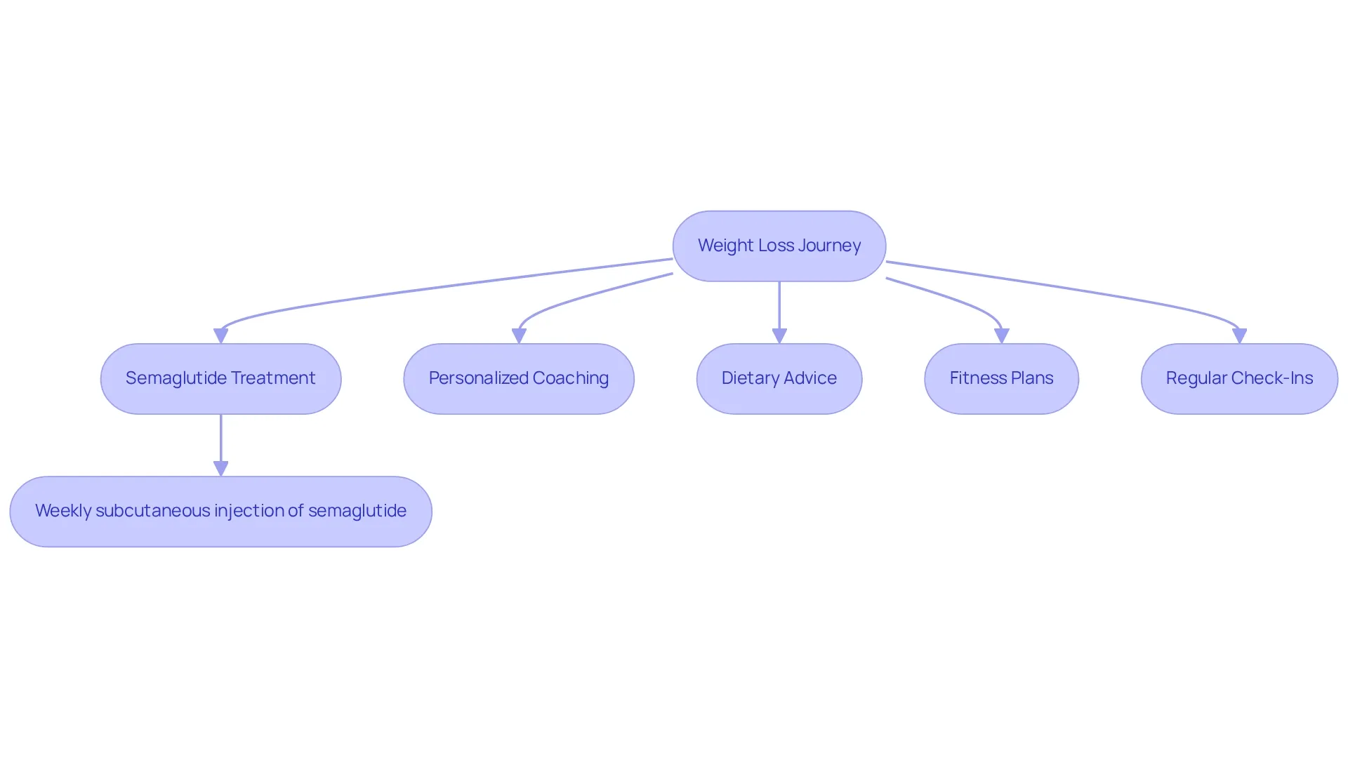 This flowchart shows the steps involved in your weight loss journey. Each box represents a crucial part of the program, and the arrows guide you through how everything connects to support your goals. This flowchart shows the steps involved in your weight loss journey. Each box represents a crucial part of the program, and the arrows guide you through how everything connects to support your goals.