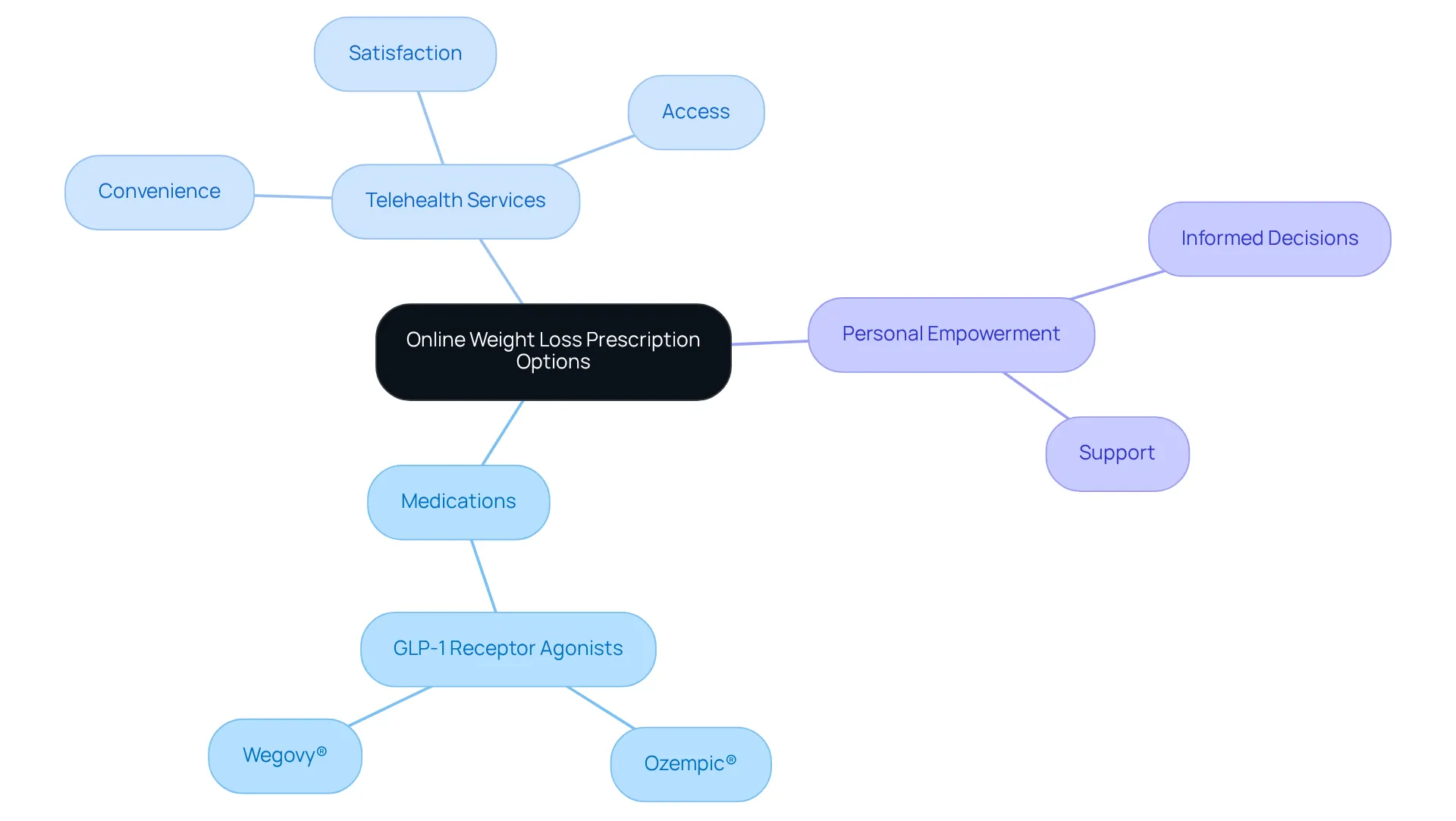 The central idea represents the options for online weight loss prescriptions, while branches show the main themes like medications, the role of telehealth, and personal empowerment. Each color-coded section highlights a different aspect, helping you see how everything connects. The central idea represents the options for online weight loss prescriptions, while branches show the main themes like medications, the role of telehealth, and personal empowerment. Each color-coded section highlights a different aspect, helping you see how everything connects.