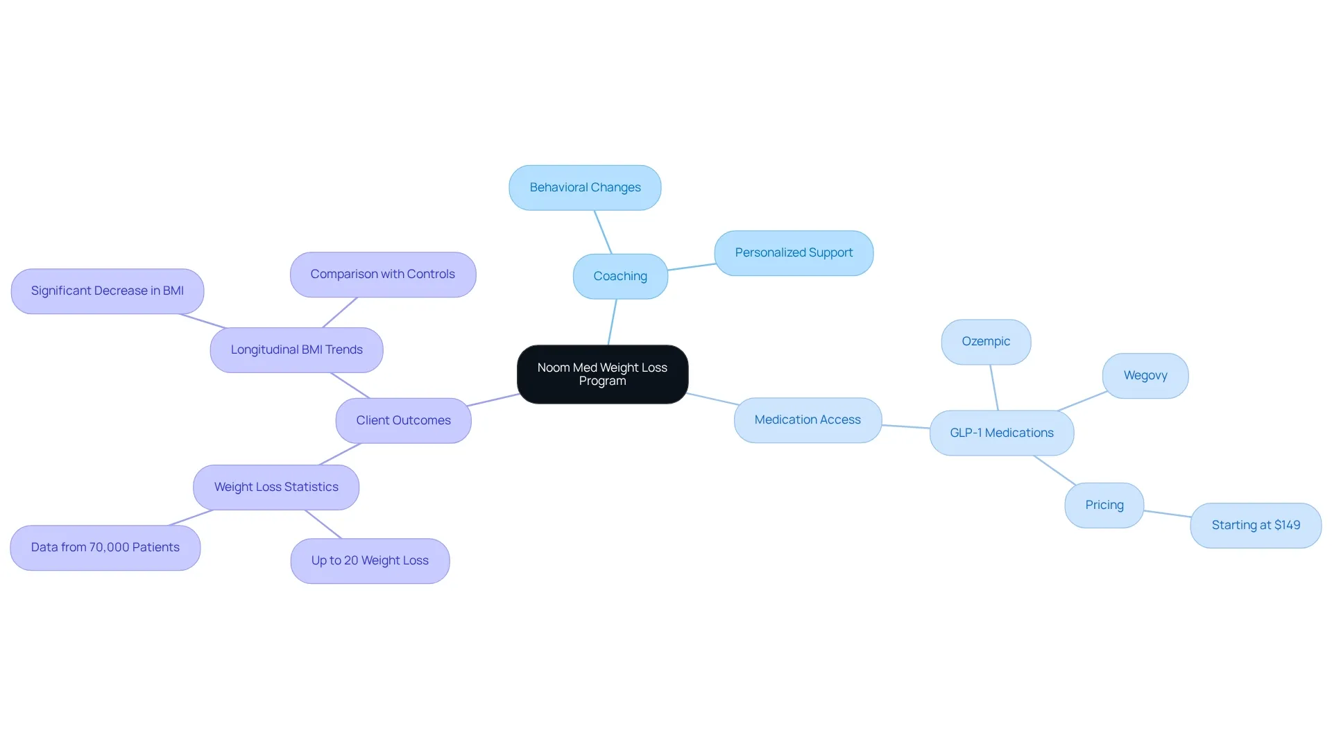This mindmap shows how different aspects of the Noom Med program connect — from coaching to medications and the positive results seen by clients.