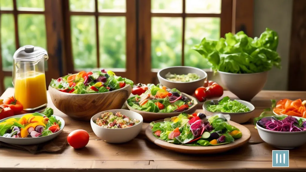 Delicious and Nutritious Paleo Salad Recipes - A vibrant assortment of freshly prepared Paleo salads displayed on a rustic wooden table, illuminated by bright natural light.