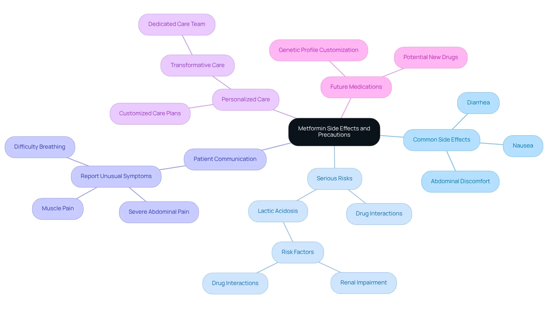 The central node represents Metformin, with branches showing key categories such as side effects, risks, communication, care, and future options.
