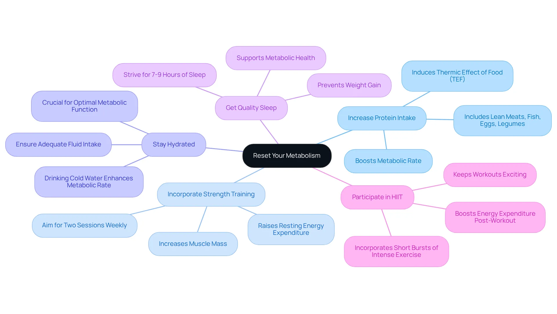 The central node represents the main goal of resetting metabolism. Each branch shows a specific strategy, with additional points that describe how it helps. Follow the branches to see how each strategy contributes to the overall goal. The central node represents the main goal of resetting metabolism. Each branch shows a specific strategy, with additional points that describe how it helps. Follow the branches to see how each strategy contributes to the overall goal.