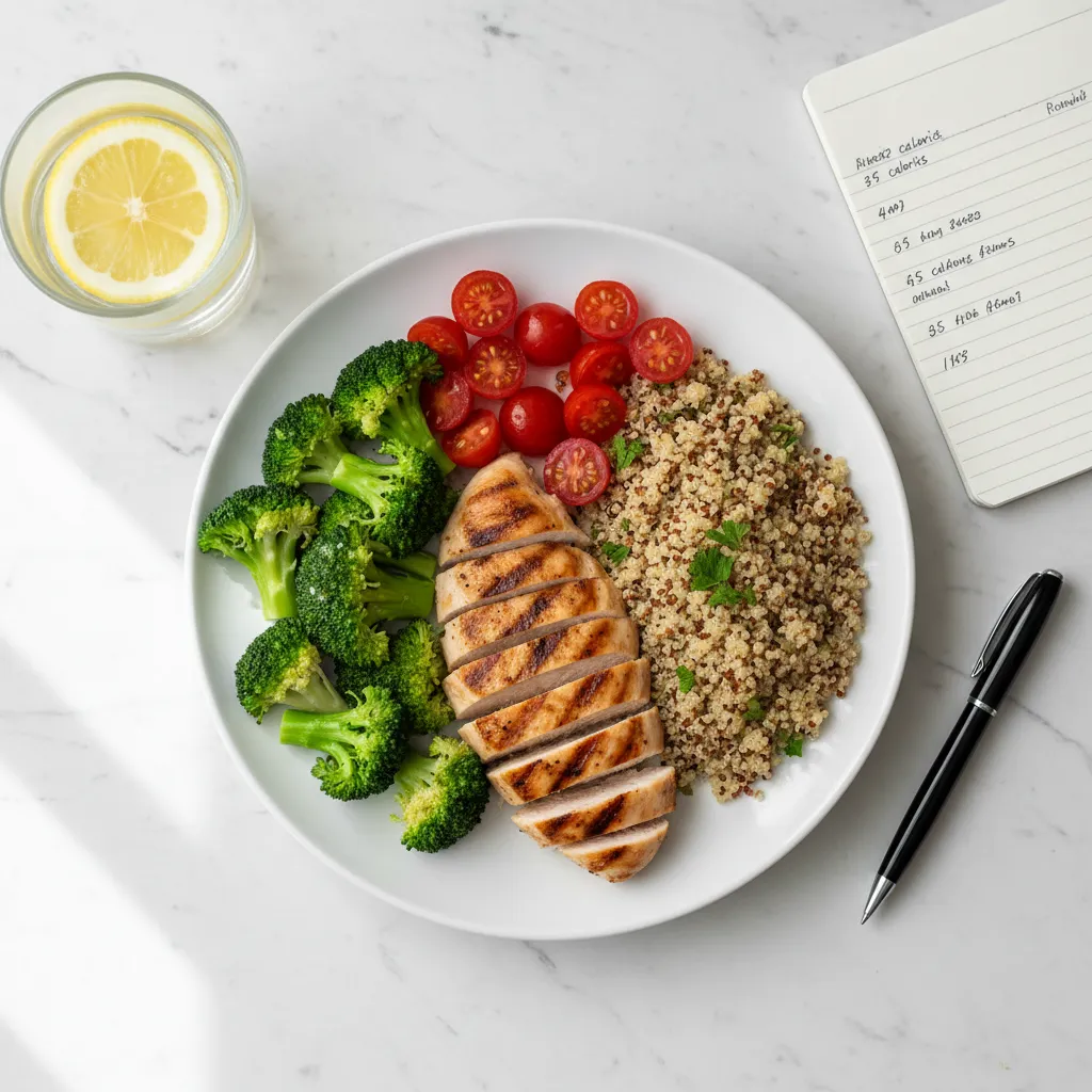 Healthy plated meal for a calorie-controlled diet