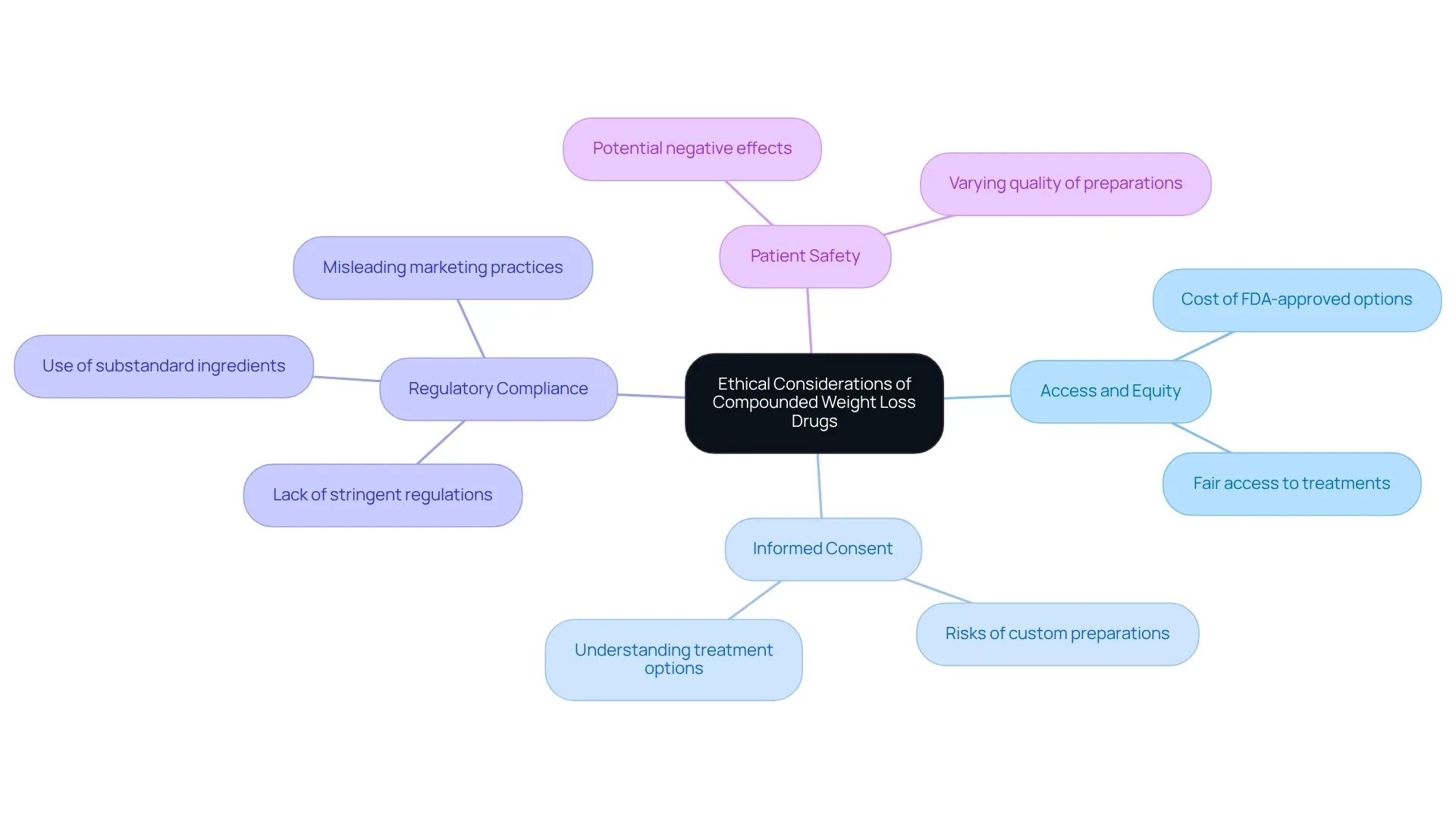 The central node represents the overarching ethical considerations, with branches showing the four key areas of concern, each with their respective points.
